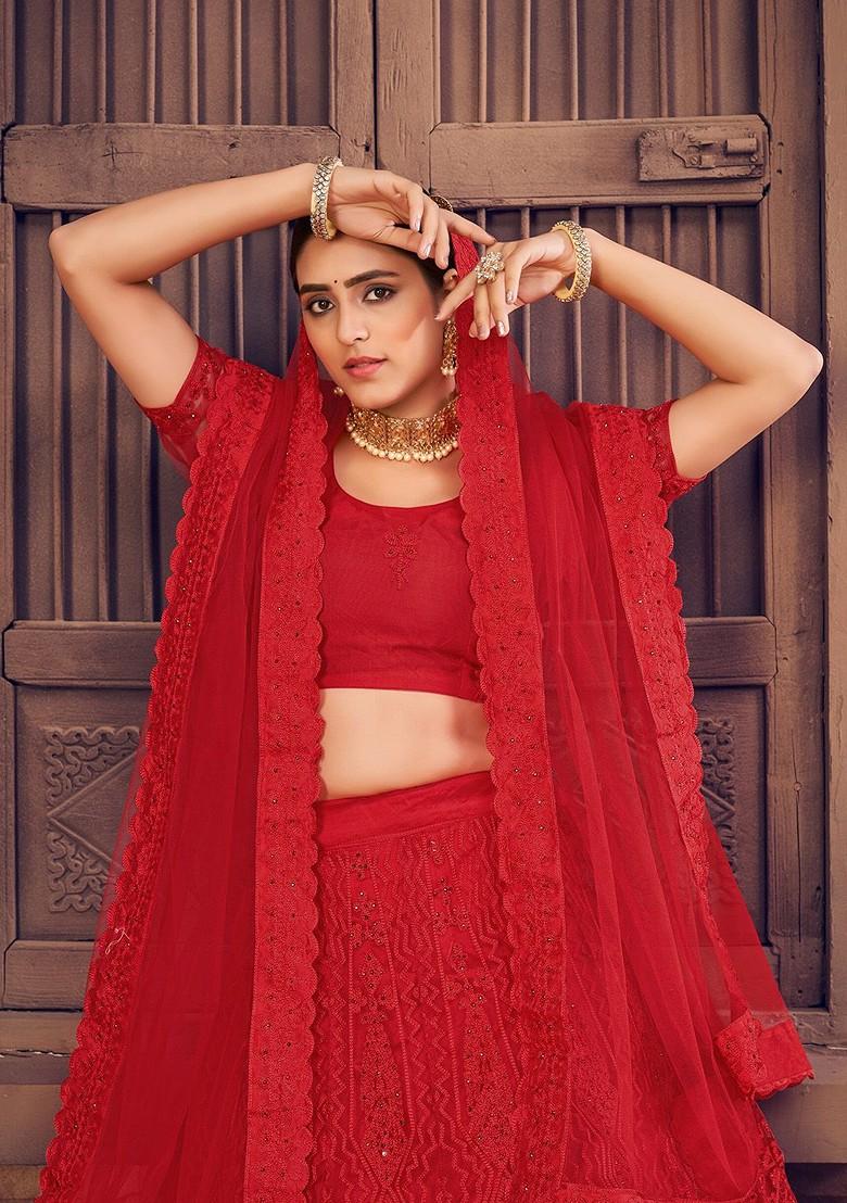Red Emboridered Blended Lehenga Choli - Indya