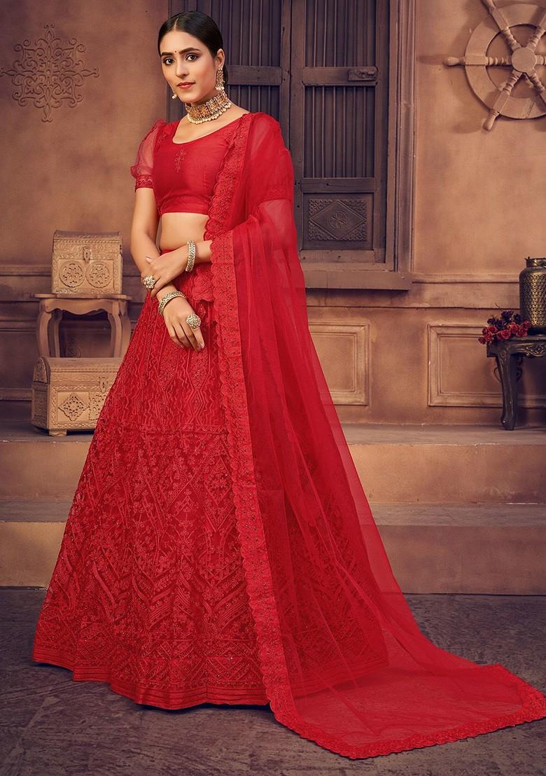 Red Emboridered Blended Lehenga Choli - Indya