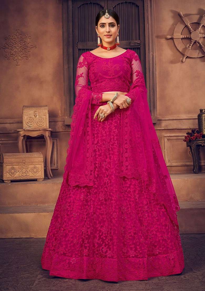 Pink Emboridered Blended Lehenga Choli - Indya