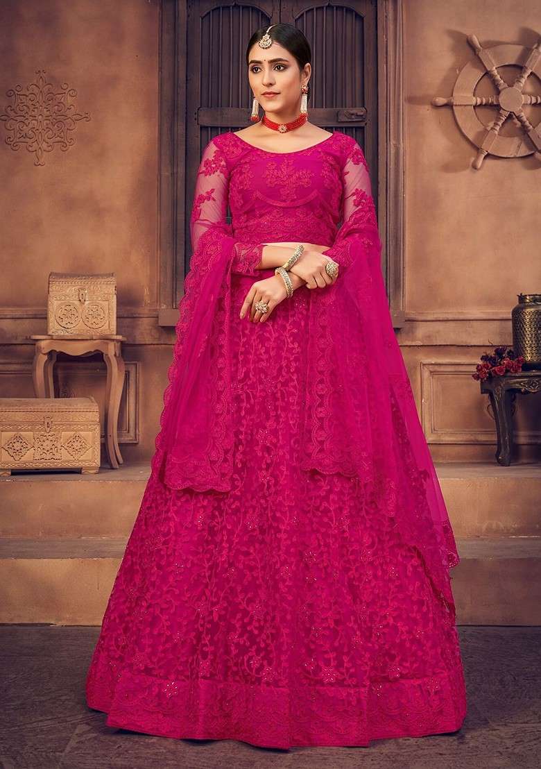 Pink Emboridered Blended Lehenga Choli - Indya