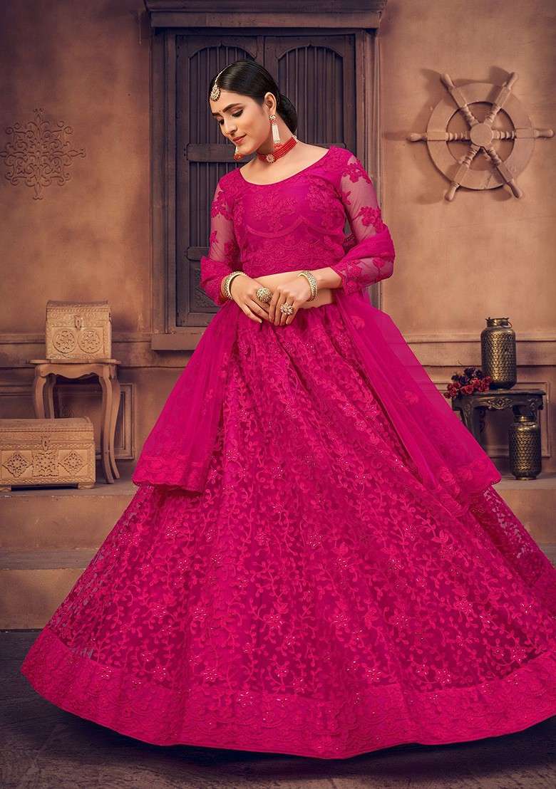 Pink Emboridered Blended Lehenga Choli - Indya