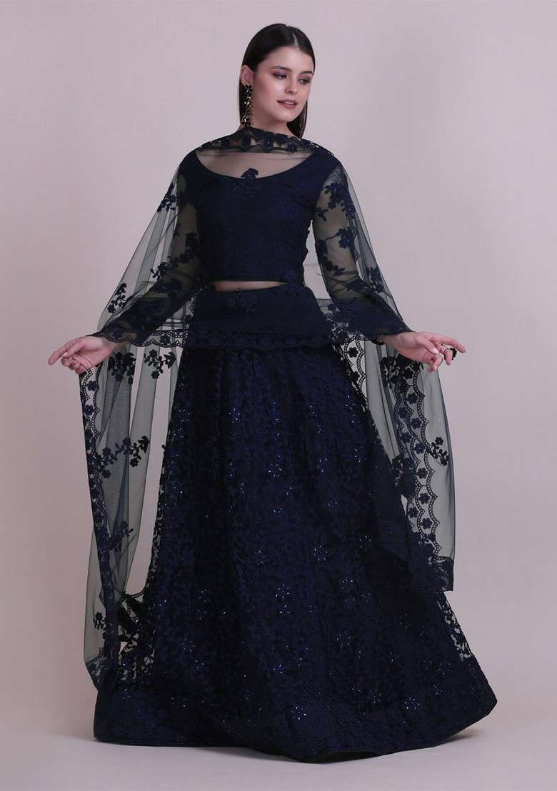 Blue Emboridered Blended Lehenga Choli - Indya