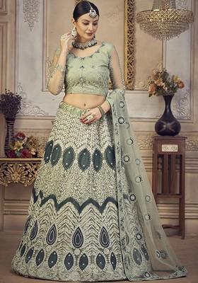 Lime Green Emboridered Blended Lehenga Choli