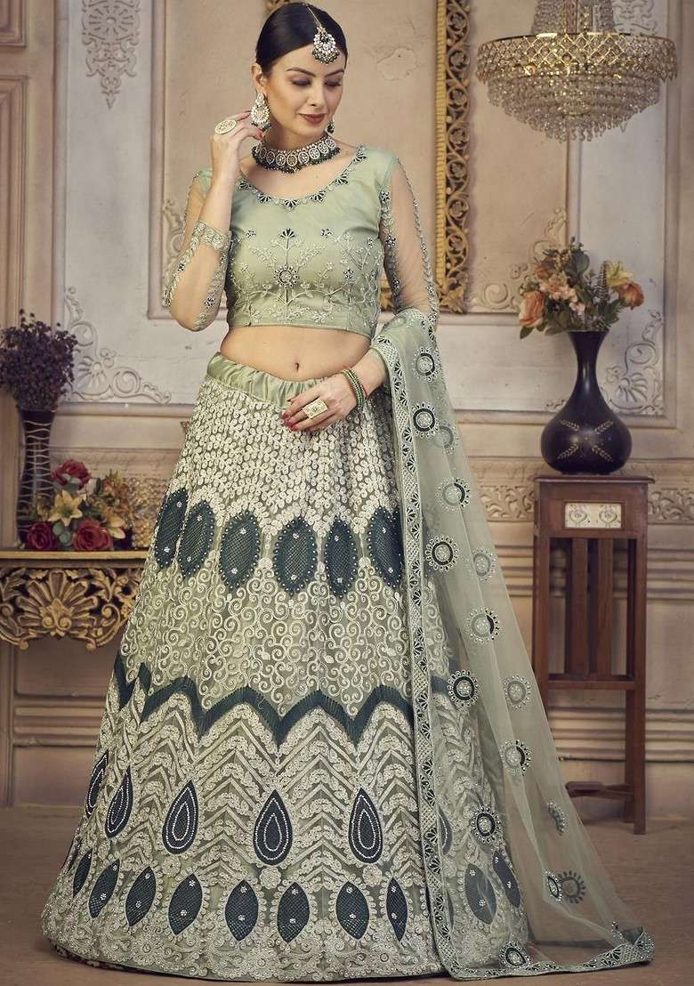 Lime Green Emboridered Blended Lehenga Choli - Indya