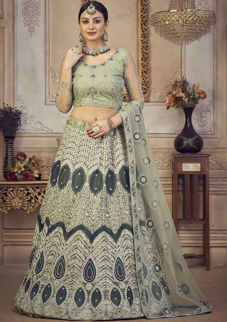 Lime Green Emboridered Blended Lehenga Choli - Indya