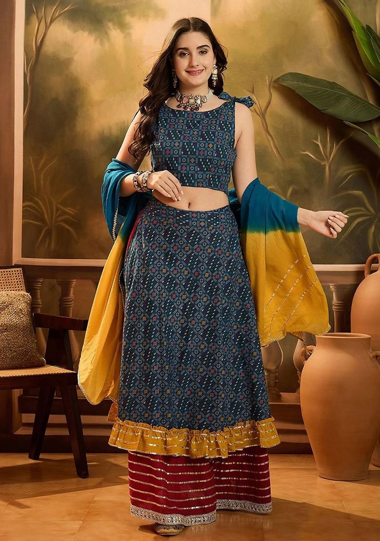 Blue Printed Blended Lehenga Choli
