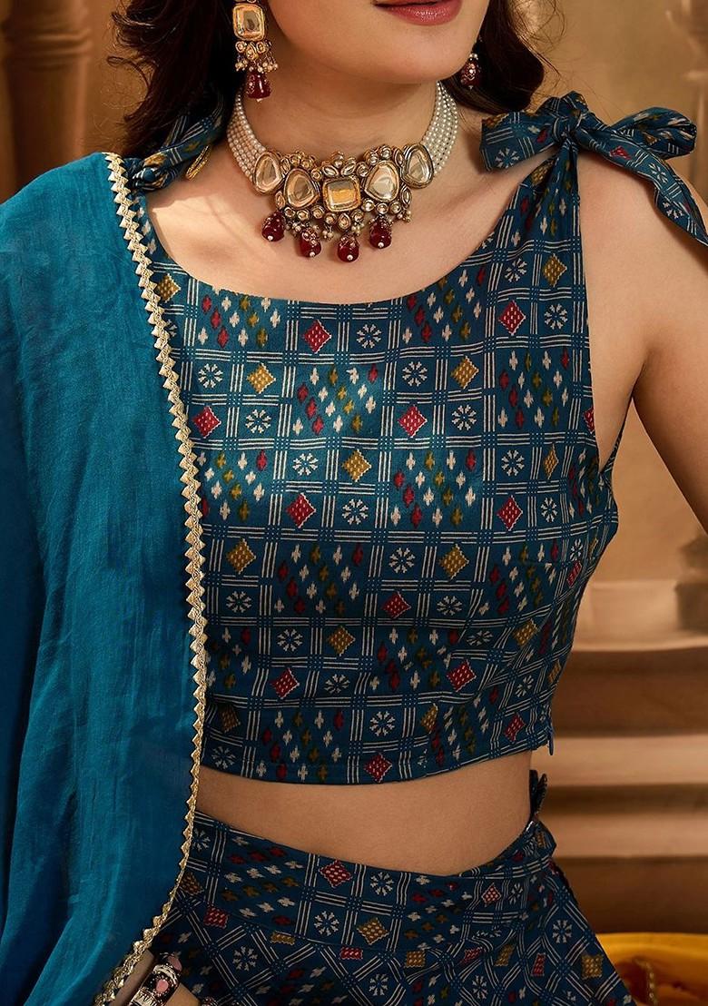 Blue Printed Blended Lehenga Choli - Indya
