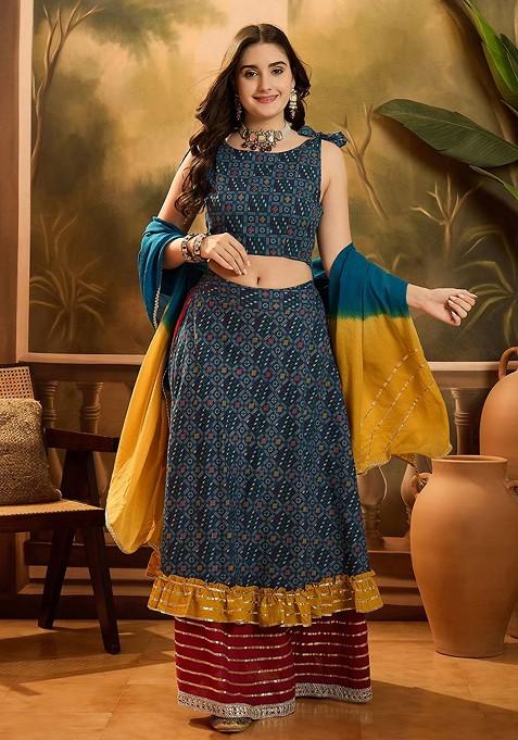 Blue Printed Blended Lehenga Choli