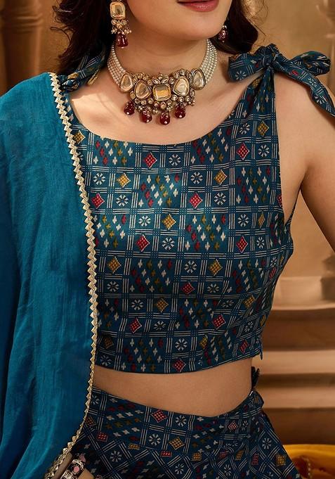 Blue Printed Blended Lehenga Choli