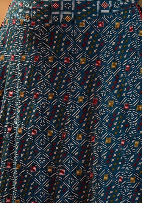 Blue Printed Blended Lehenga Choli