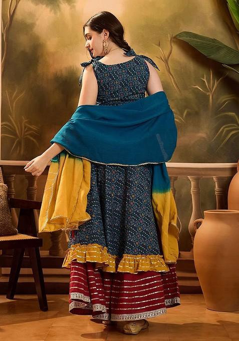 Blue Printed Blended Lehenga Choli