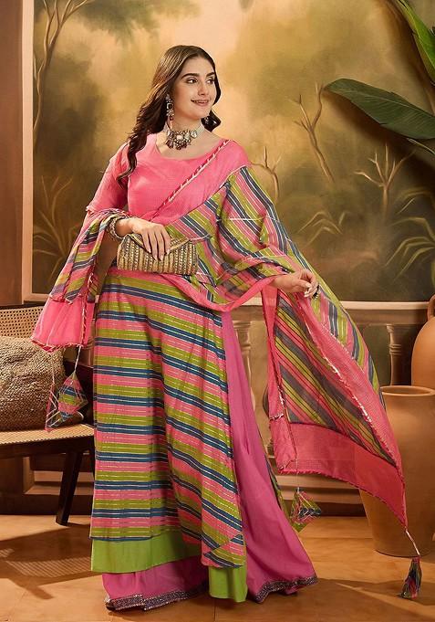 Pink Printed Blended Lehenga Choli