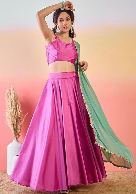 Pink Embellished Blended Lehenga Choli