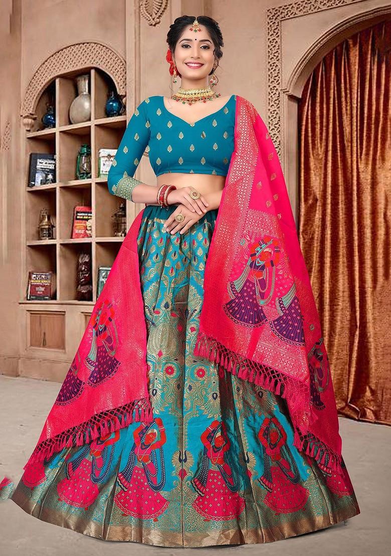 Blue Woven Design Blended Lehenga Choli
