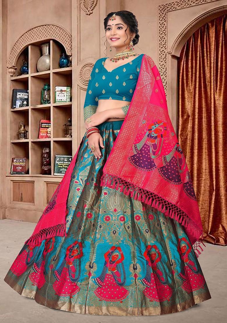 Blue Woven Design Blended Lehenga Choli