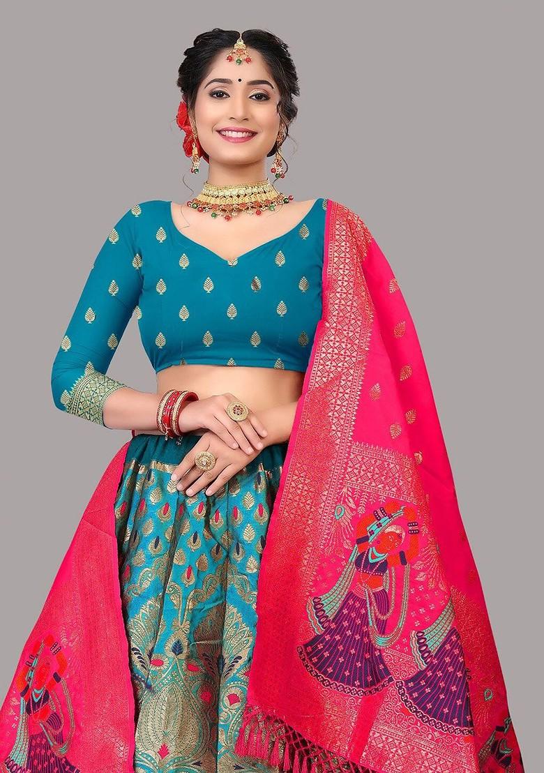 Blue Woven Design Blended Lehenga Choli