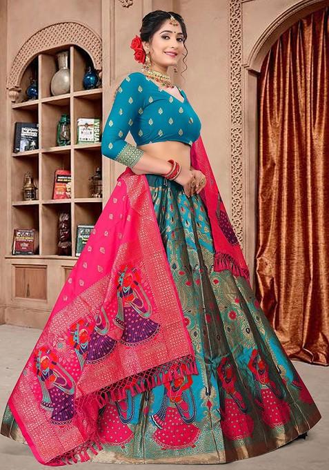 Blue Woven Design Blended Lehenga Choli