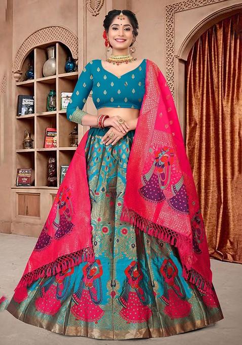 Blue Woven Design Blended Lehenga Choli