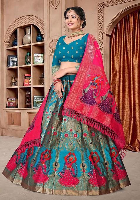 Blue Woven Design Blended Lehenga Choli