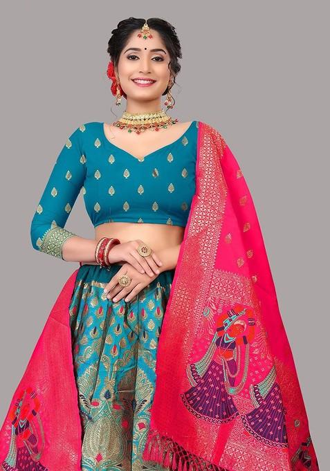 Blue Woven Design Blended Lehenga Choli