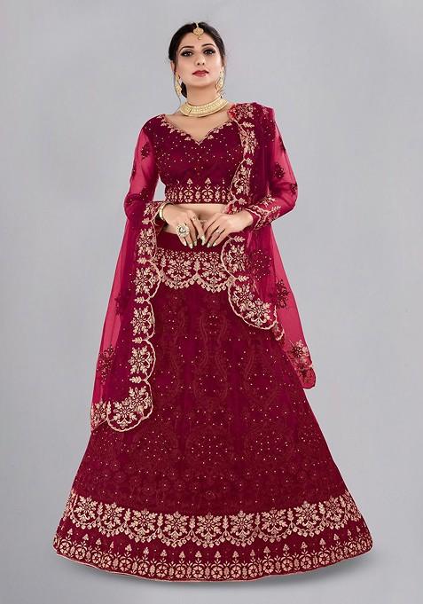 Maroon Emboridered Blended Lehenga Choli — view on Indya