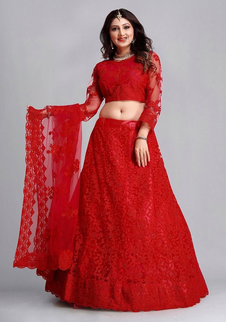 Red Emboridered Blended Lehenga Choli - Indya