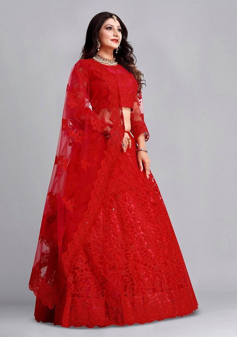 Red Emboridered Blended Lehenga Choli - Indya