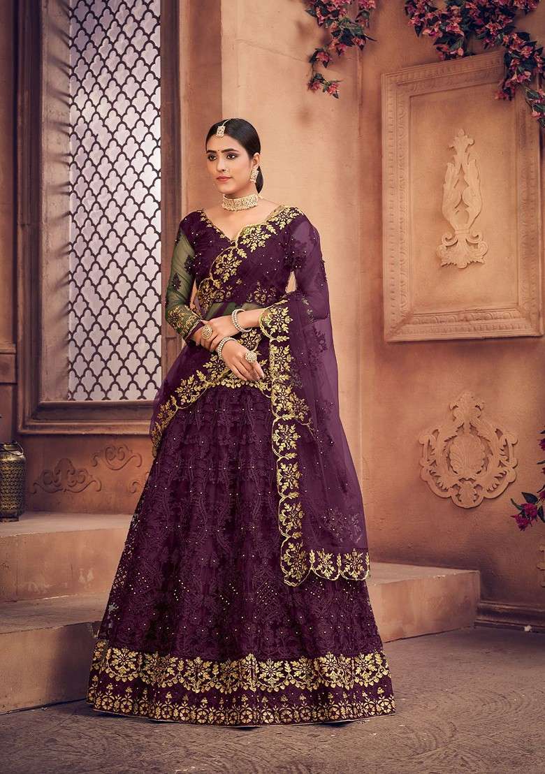 Purple Emboridered Blended Lehenga Choli - Indya