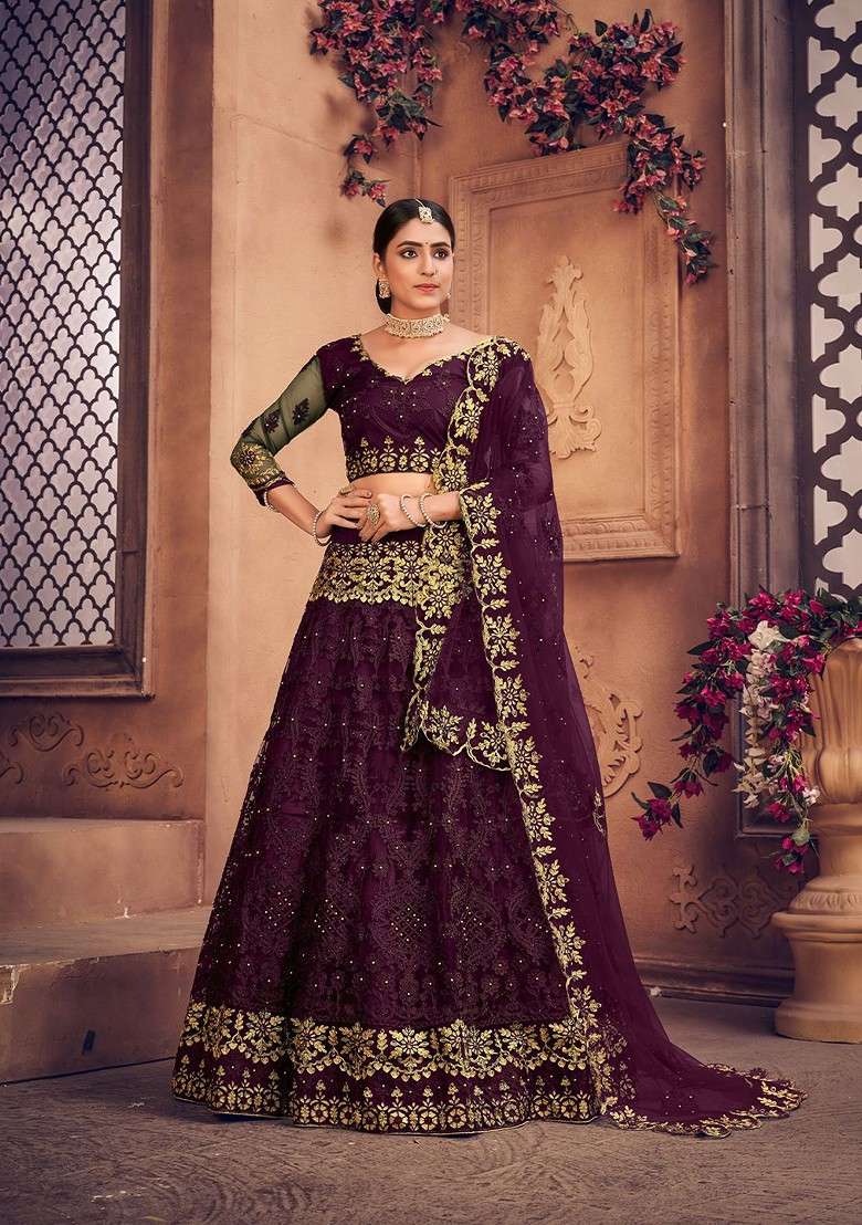 Purple Emboridered Blended Lehenga Choli - Indya