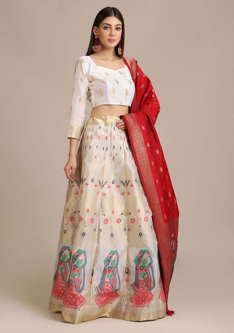 White Printed Blended Lehenga Choli - Indya