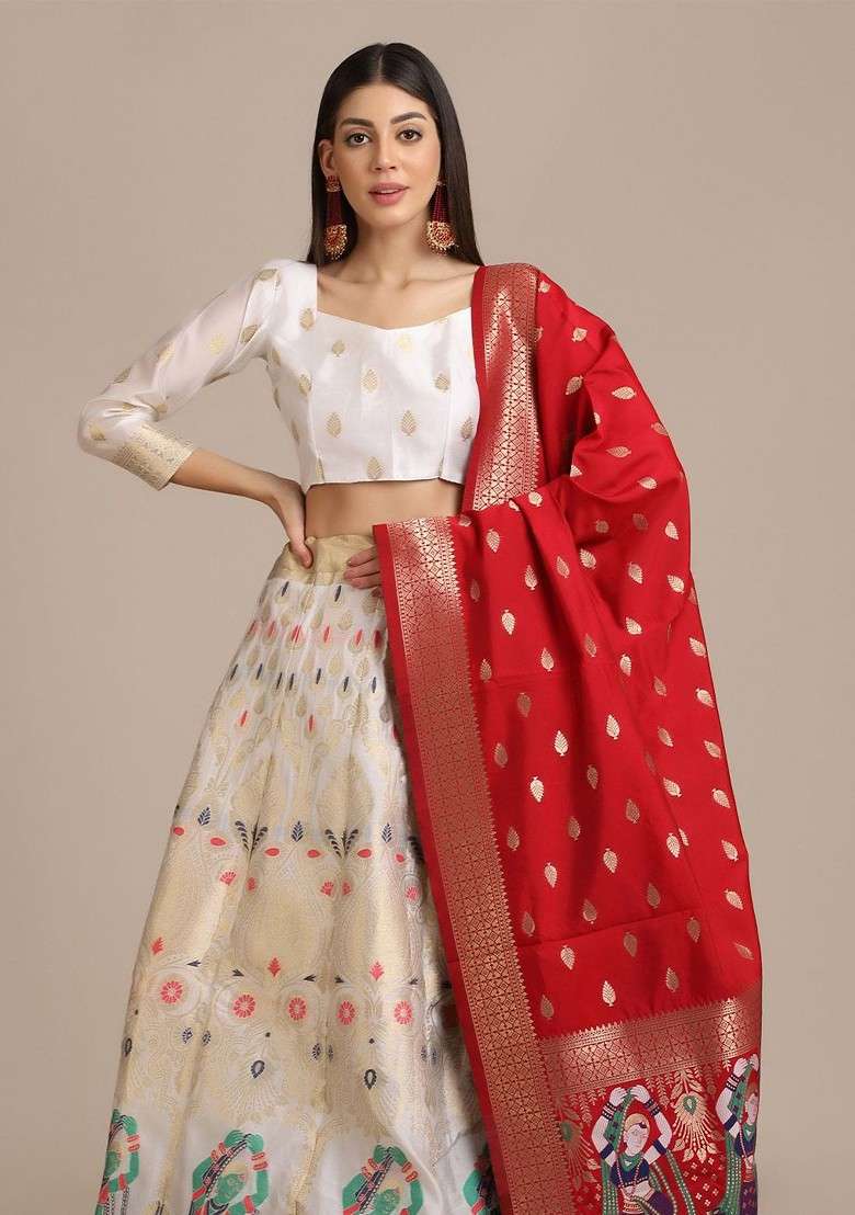 White Printed Blended Lehenga Choli - Indya