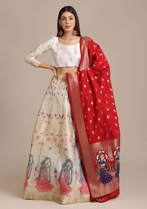 White Printed Blended Lehenga Choli — view on Indya