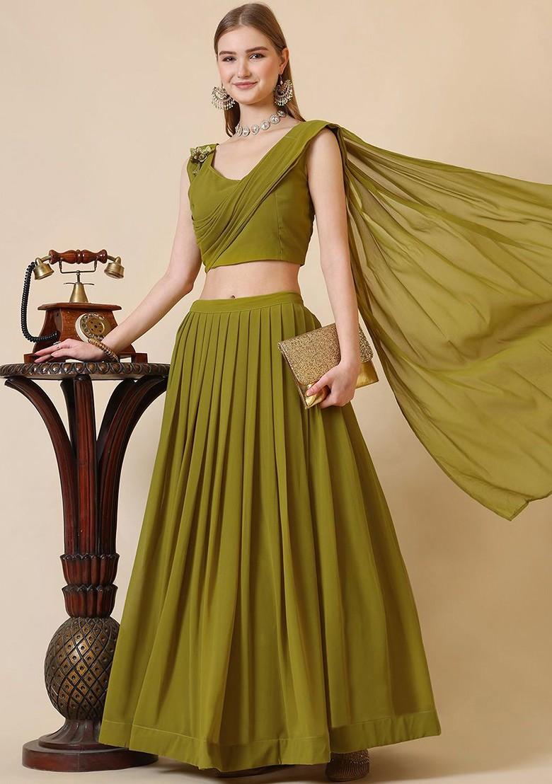 Lime Green Emboridered Blended Lehenga Choli