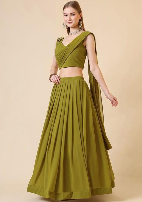 Lime Green Emboridered Blended Lehenga Choli