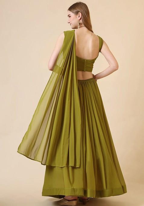 Lime Green Emboridered Blended Lehenga Choli