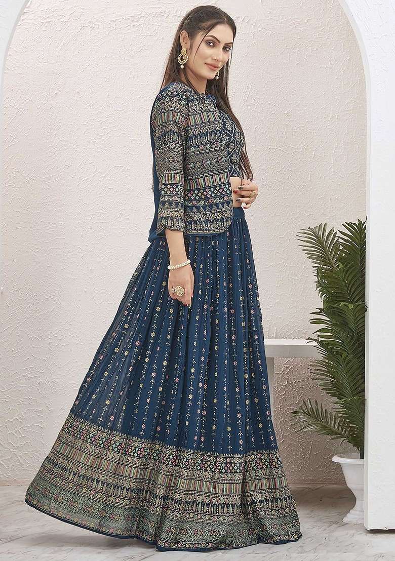 Blue Emboridered Blended Lehenga Choli - Indya