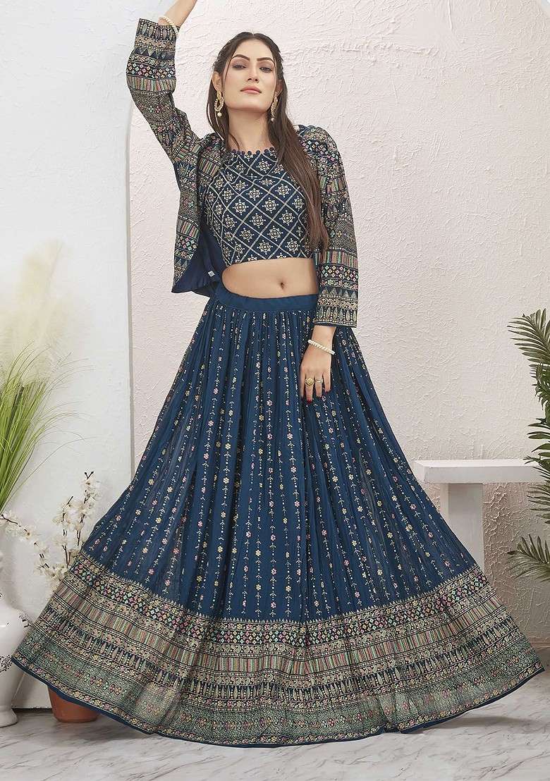 Blue Emboridered Blended Lehenga Choli - Indya