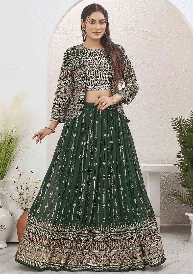 Green Emboridered Blended Lehenga Choli - Indya