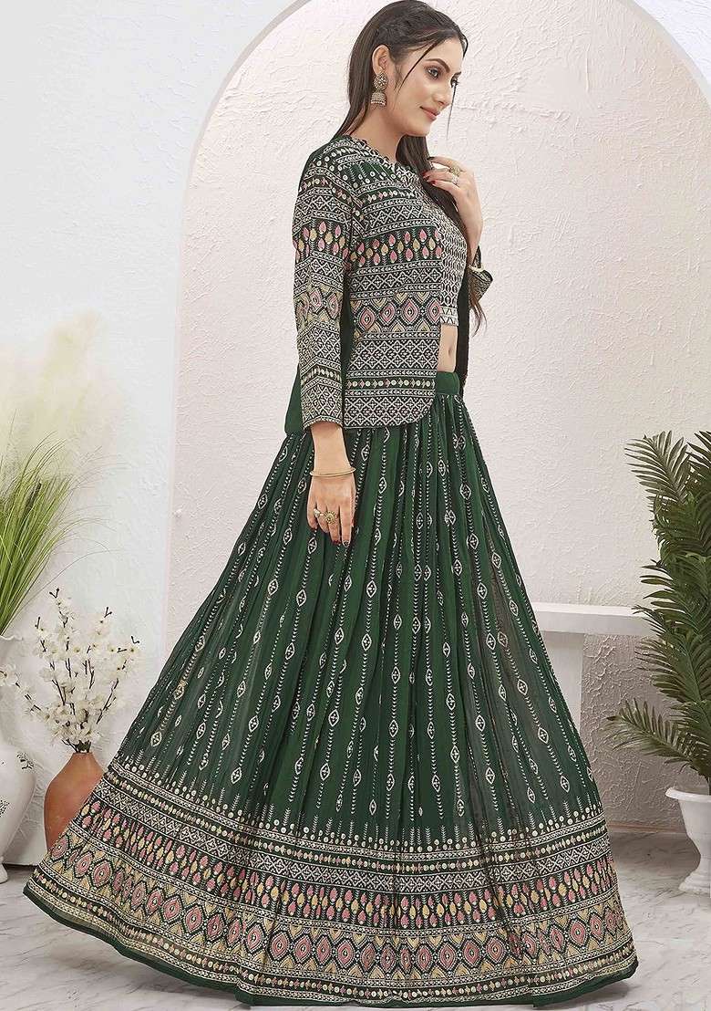 Green Emboridered Blended Lehenga Choli - Indya