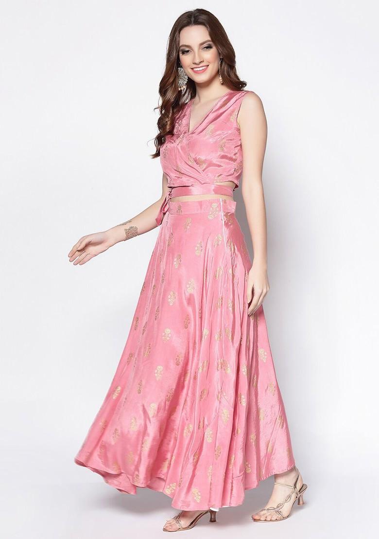Pink Printed Blended Lehenga Choli - Indya