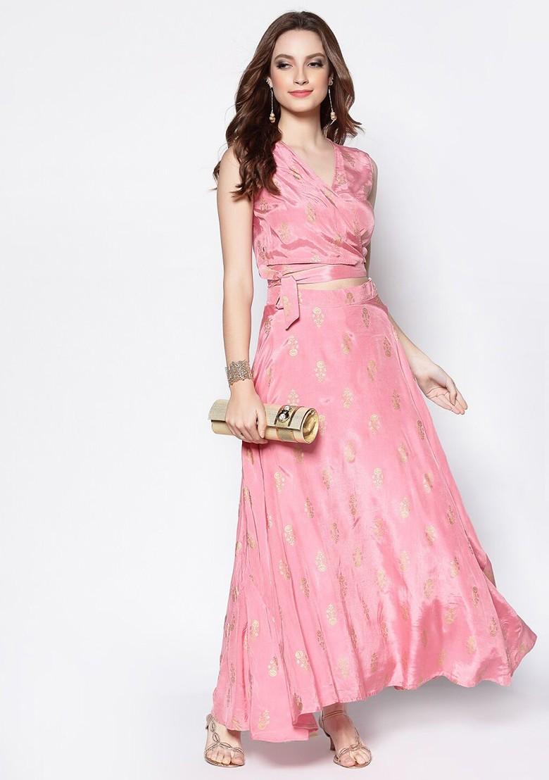Pink Printed Blended Lehenga Choli - Indya