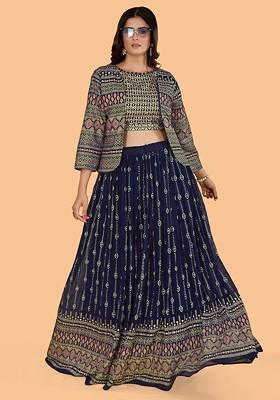 Navy Blue Emboridered Blended Lehenga Choli