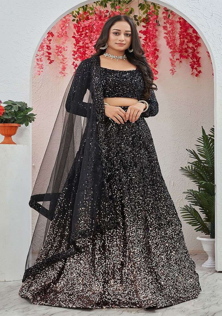 Black Emboridered Blended Lehenga Choli - Indya