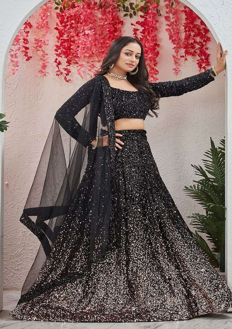Black Emboridered Blended Lehenga Choli - Indya