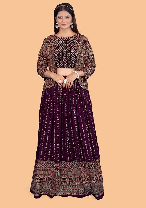 Burgundy Emboridered Blended Lehenga Choli