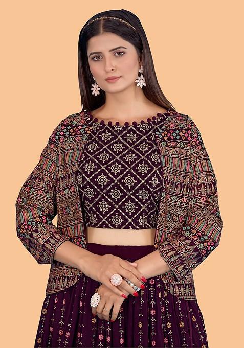 Burgundy Emboridered Blended Lehenga Choli