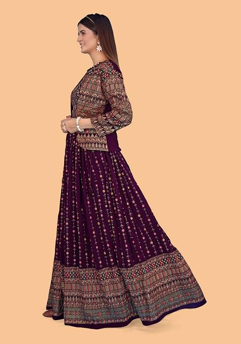 Burgundy Emboridered Blended Lehenga Choli