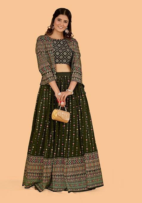 Green Emboridered Blended Lehenga Choli