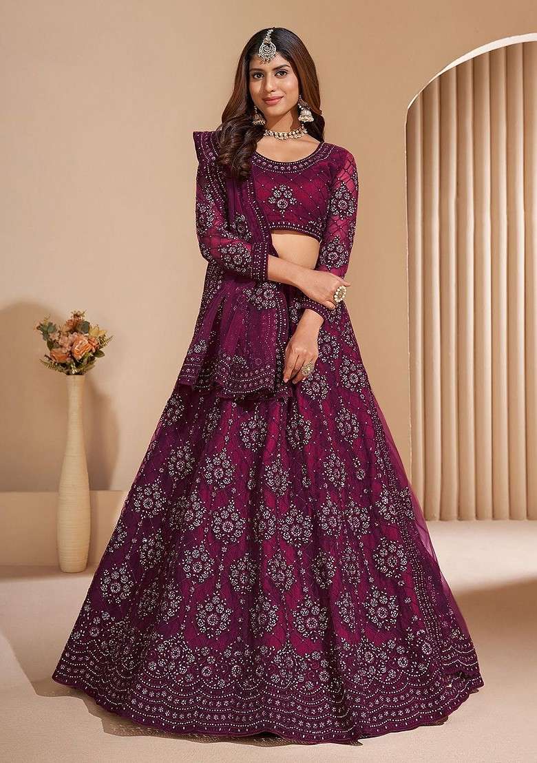 Burgundy Emboridered Blended Lehenga Choli - Indya