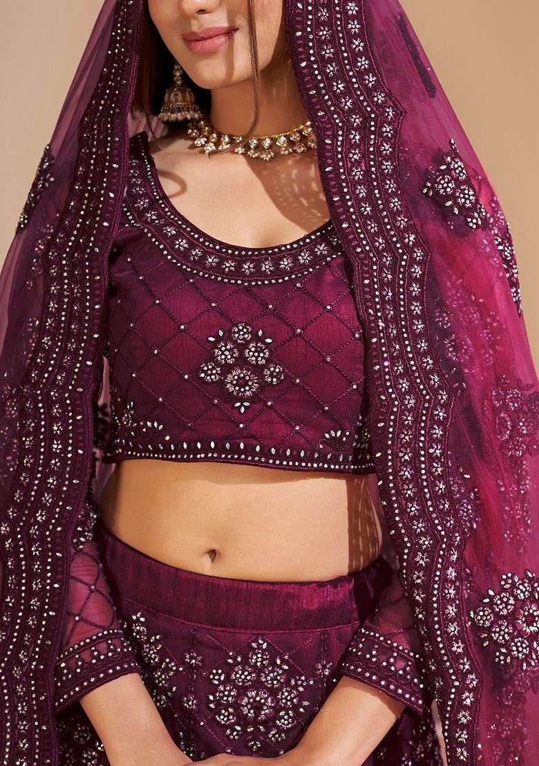 Burgundy Emboridered Blended Lehenga Choli - Indya